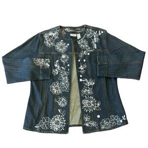Chico's Women's Collarless Embellished Beaded Denim Jacket Dark Wash Size L
